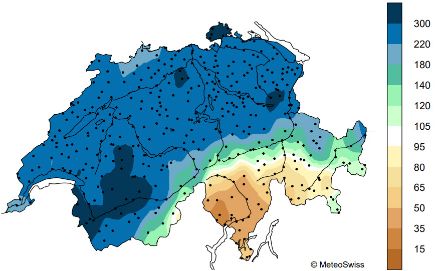 Fig. 5: Distribuzione delle precipitazioni mensili di novembre 2023 in Svizzera, rappresentate come percentuale della norma 1991-2020. Fonte: MeteoSvizzera.