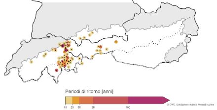 La carta dei Periodi di ritorno mostra le stazioni con periodi di ritorno di almeno 10 anni.