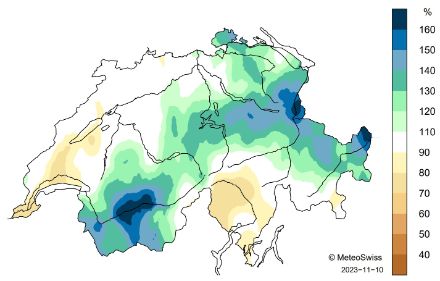 Cartina della Svizzera che rappresenta il totale delle precipitazioni della primavera 2023.