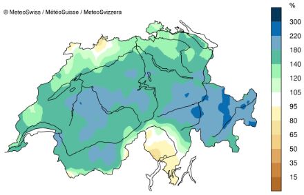 Fig. 4: Distribuzione spaziale dei totali delle precipitazioni del mese di dicembre 2023 (al 28.12.2023), rappresentati come percentuale rispetto alla norma 1991-2020. 