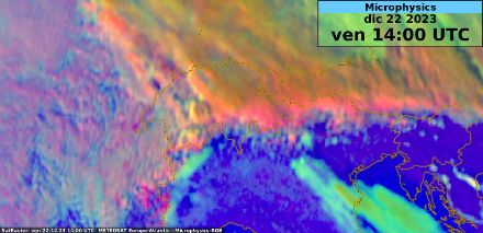 Fig. 2: Immagine satellite filtrata in modo da riconoscere struttura e altezza della nuvolosità. 15:00 ora locale.