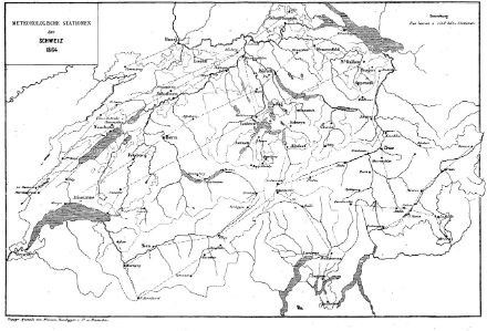 Carta storica della Svizzera risalente al 1864 con le 88 stazioni meteorologiche.