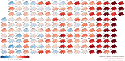 La figura mostra l’andamento della temperatura media annua in Svizzera a partire dal 1864 fino ad oggi, con la Svizzera colorata a seconda dell’anomalia rispetto alla media del periodo 1871-1900.