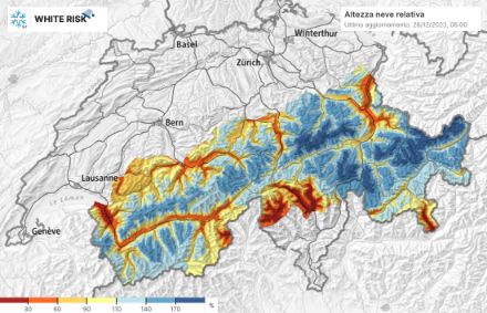 Fig. 1: Mappa dell'innevamento relativo, misurazioni attuali rispetto alla media pluriannuale.  