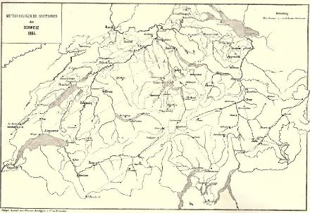 La distribuzione delle 88 stazioni che costituivano la prima rete di misura meteorologica in Svizzera.