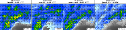Accumulo di precipitazioni previsto sulle 24 ore, per 4 giorni consecutivi, da lunedì 12UTC a venerdì 12UTC e variazione del limite delle nevicate indicato in basso a destra di ogni figura. 