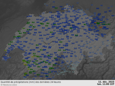 Precipitazioni totali (in mm) nelle ultime 24 ore.