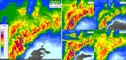 Figura 3: totali di precipitazioni su 72 ore, valore medio COSMO-2 a sinistra, i quantili COSMO-2 90 e 10 in alto a destra, il run di controllo COSMO-2 e IFS in basso a destra. 
