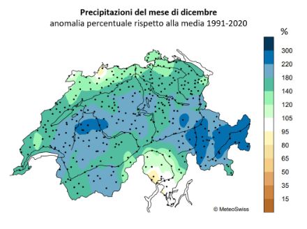 Fig. 3: Totale delle precipitazioni del mese di dicembre 2023 in Svizzera, rappresentato come percentuale della norma 1991-2020.