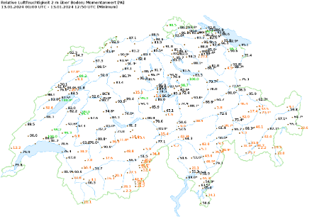 Fig. 4: umidità relativa minima registrata dalle stazioni di MeteoSvizzera sabato 13 gennaio 2024 tra la 1 e le 13 locali).