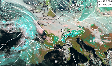 Fig. 1: immagine satellitare e distribuzione della pressione ridotta al livello del mare sabato 13 gennaio 2024 alle 13. Sono ben visibili estesi banchi nebbia sull'Altopiano e le pianure adiacenti. Fonte: MeteoSvizzera