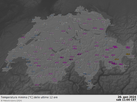 Valori di temperatura minima questa mattina in Svizzera. In molte località la notte scorsa è stata la più fredda dell’attuale inverno. 