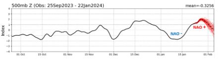Fig. 7. Il grafico mostra l'indice NAO osservato (curva nera) e previsto (curva rossa). In linea con la situazione meteorologica descritta sopra, abbiamo registrato un indice NAO negativo all'inizio fino a metà gennaio. Attualmente stiamo osservando una fase con un indice NAO positivo. 