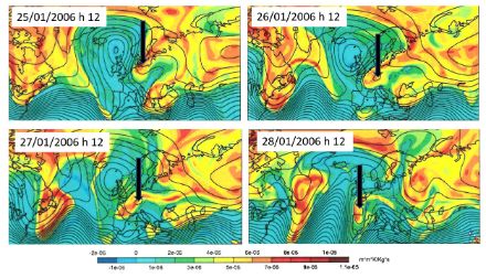 Fig.1: Situazione sinottica in quota fra il 25 e il 28 gennaio 2006. Le linee nere indicano l’altezza geopotenziale a 250 hPa (circa 10 km), i colori denotano i valori di vorticità potenziale sulla superficie isentropica di 315 K (in m2K/kg s). La linea blu tratteggiata denota il valore di 2 PVU.