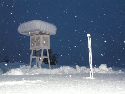 Fig. 3: Capannina degli strumenti e palo per la misura dell’altezza della neve fresca a Locarno Monti il 27 gennaio.