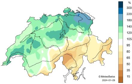 Fig. 2: Distribuzione spaziale dei totali delle precipitazioni del mese di gennaio 2024 (stato al 29.01.2024), mostrata come percentuale della norma 1991-2020.