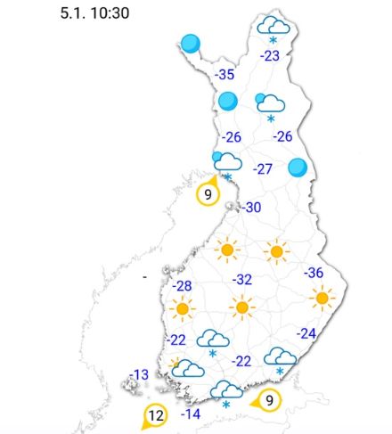 Fig. 3. Temperature in Finlandia, ancora particolarmente basse, venerdì mattina alle ore 10:30. Fonte: Servizio Meteorologico Finlandese, https://en.ilmatieteenlaitos.fi/.