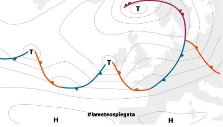Fig. 3. Tipica situazione con vento da ovest con le zone di alta pressione (H) sulle Azzorre e sul Mediterraneo e le zone di bassa pressione (T) sulle regioni settentrionali del Nord Atlantico e del Nord Europa. Fonte: MeteoSvizzera.