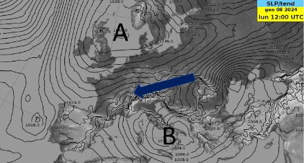 Fig. 4. Distribuzione delle zone di alta pressione e bassa pressione sull'Europa lunedì 8 gennaio 2024 alle ore 13:00 locali.