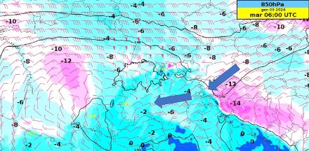 Fig. 5. Temperatura al livello barico di 850hPa. L'aria fredda sulla Pianura Padana arriverà da est. Fonte: MeteoSvizzera.