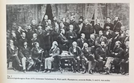 Congresso di Roma del 1879. Partecipanti svizzeri: H. Wild e E. Plantamour, fila in basso, 3° e 4° da destra