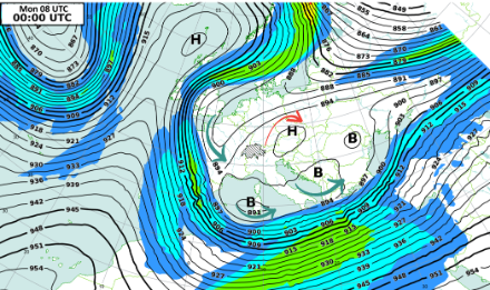 Figura 3: geopotenziale (solinee) e velocità del vento (area colorata) a 300 hPa (circa 9000 metri di quota), lunedì 8 gennaio ore 00 UTC.