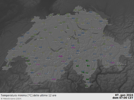 Temperature minime in Svizzera nella notte fra il 6 e il 7 gennaio 2024. 