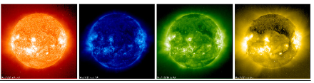 Foto del sole scattate in diverse lunghezze d'onda dello spettro ultravioletto (tra circa 10 e 380 nm). 