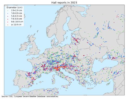   Distribuzione spaziale delle segnalazioni di grandine di grandi dimensioni in Europa e nel territorio circostante nel 2023.
