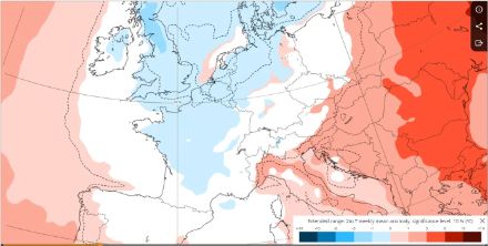 Deviazione della temperatura dalla norma climatologica prevista dal modello europeo (ECMWF) per il periodo dal 12 al 19 febbraio prossimi. Su buona parte dell’Europa il tempo sarà determinato da una massa d’aria di origine polare con temperature attorno e lievemente inferiori alla norma del periodo. L'aria più mite si troverà sull'Europa orientale con una deviazione nettamente positiva.
