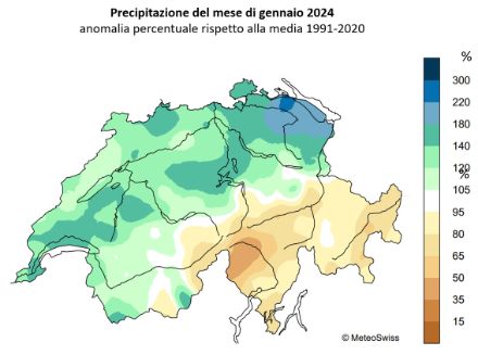  Fig. 3: Distribuzione spaziale del quantitativo di precipitazione misurato nel mese di gennaio 2024 in Svizzera, rappresentato come anomalia rispetto alla norma 1991-2020. Fonte: MeteoSvizzera