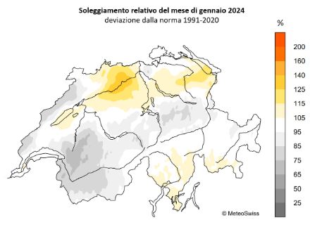 Fig. 4: Distribuzione spaziale del soleggiamento di gennaio 2024 in Svizzera, rappresentato come percentuale della norma 1991-2020. Fonte: MeteoSvizzera.