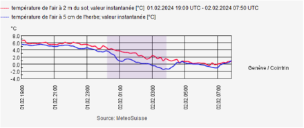 Evoluzione della temperatura a 5 cm (blu) e 2 m (rosso) tra il 1° febbraio alle 19 UTC e il 2 febbraio alle 08 UTC alla stazione di Ginevra/Cointrin. Fonte: Climap@MeteoSvizzera