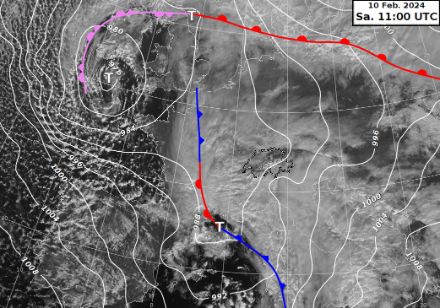 Fig. 2:  MSG HRV (High Resolution Visible), pressione al suolo e fronti. MeteoSvizzera/EUMETSAT