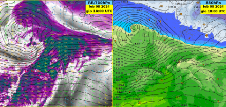 Fig. 1: Analisi del modello ECMWF IFS HRES. Sono rappresentati diversi parametri a 700 e 850 hPa, tra cui geopotenziale, vento e temperatura (sinistra). Nell’immagine di destra è inclusa inoltre un’immagine satellitare rappresentativa del vapor d’acqua. EUMETSAT / ECMWF / NinJo@MeteoSwiss