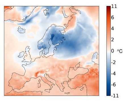 Mappa europea delle anomalie di temperatura nel gennaio 2024 rispetto alla media 1991-2020.