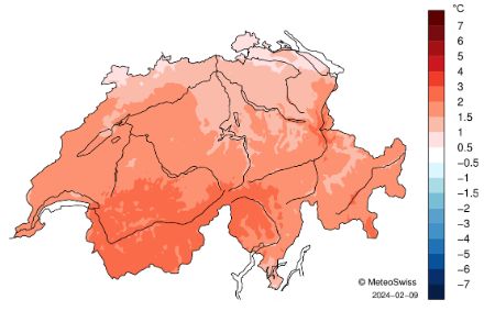 Mappa svizzera delle anomalie di temperatura nel gennaio 2024 rispetto alla norma 1991-2020.