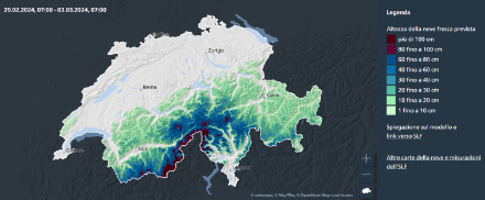 Fig. 7: Quantitativo di neve fresca atteso fra oggi venerdì e domenica 3 marzo alle 7 di mattina, all’inizio della fase più intensa delle precipitazioni. 