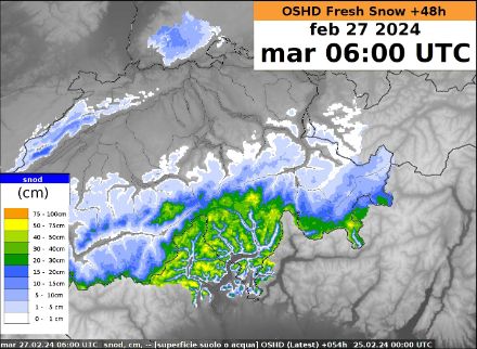 Fig. 2: Accumuli di neve su 48 ore, previsti entro martedì mattina.