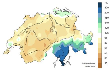  Fig. 3: Distribuzione spaziale dei totali delle precipitazioni nel mese di febbraio 2024 (stato del 27.02.2024), in percentuale rispetto alla norma 1991-2020.