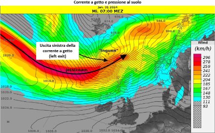 Il sistema di bassa pressione "Ingunn" si è intensificato rapidamente a sud dell'Islanda mercoledì 31 gennaio. Nell'immagine sono mostrate la distribuzione della pressione al suolo (isobare) e la velocità del vento nella troposfera superiore, cioè a livello della corrente a getto (aree colorate). Inoltre, è segnata qualitativamente l'"uscita sinistra" della corrente a getto, dove i processi di sollevamento possono intensificare lo sviluppo della bassa pressione..
