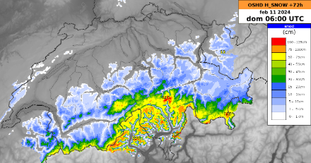 Accumuli di neve fresca previsti dal modello OSHD di SLF tra venerdì e domenica mattina.