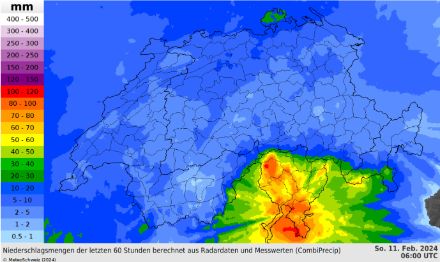 Fig. 5: Accumulo delle precipitazioni (neve e pioggia) su 60 ore, da giovedì 8.2.2024 ore 18.00 a domenica 11.2.2024 ore 06.00 UTC. 
