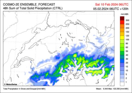 Quantitativi di neve previsti da COSMO-2E entro sabato 07:00, oggi il limite previsionale del modello.