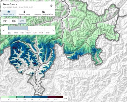 Accumuli di neve fresca sulle 72 ore misurate dalle stazioni automatiche del SLF e di OSHD. Fonte: SLF. 