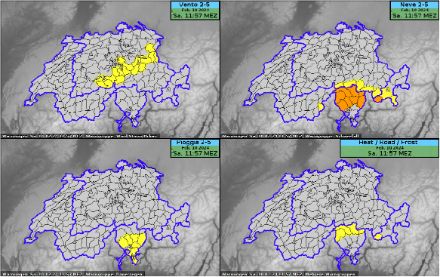 Cartine della Svizzera con le allerte attive il 10 febbraio 2024 alle ore 10:00 (giallo: livello 2, arancione: livello 3).