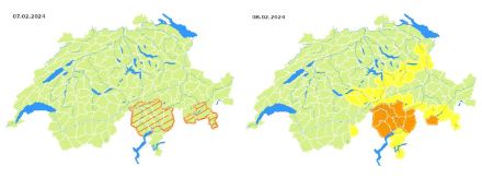 Cartina della Svizzera con le allerte emesse per l’evento di forti nevicate (regioni color arancio che corrisponde al livello 3) per le montagne del Sopraceneri, del Moesano e della Bregaglia.