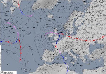 Distribuzione della pressione al suolo e sistemi frontali, sabato 10 febbraio 06 UTC. Fonte: www.dwd.de.