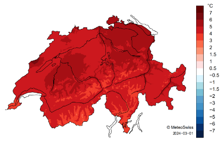 Mappa della Svizzera per la temperatura di febbraio 2024.