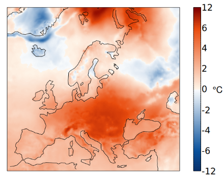 Mappa dell'Europa della temperatura di febbraio 2024.